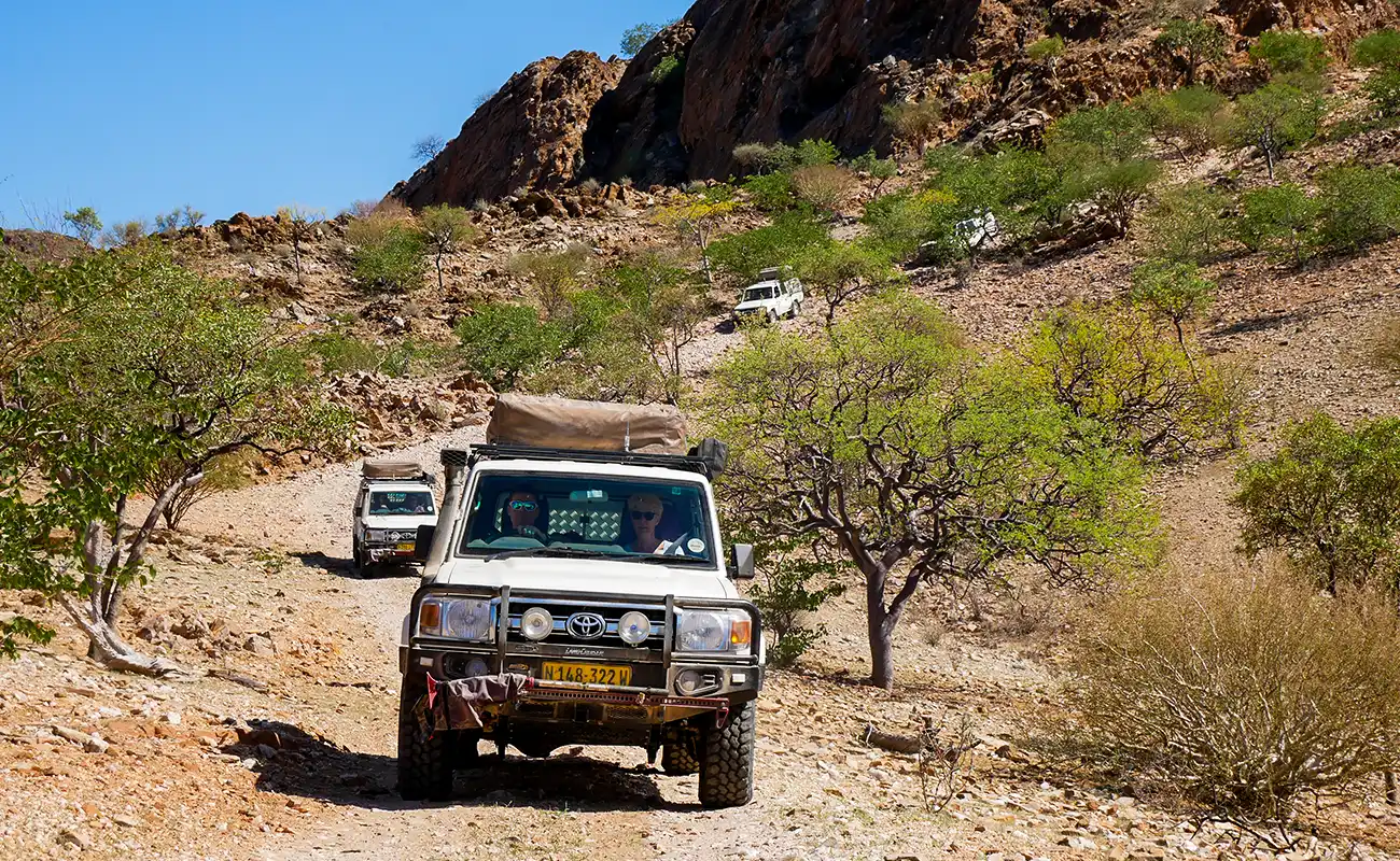 4x4 Cars in Convoy driving through the landscape of Namibia